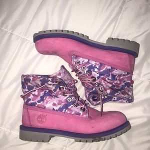 Pink, purple, and white Timberlands